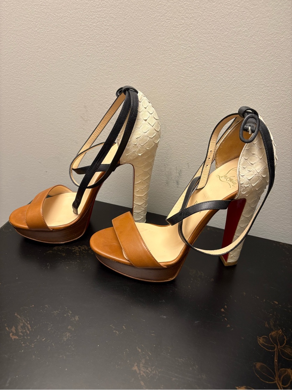 Christian Louboutin Brown, Ivory & Black Platform Heels